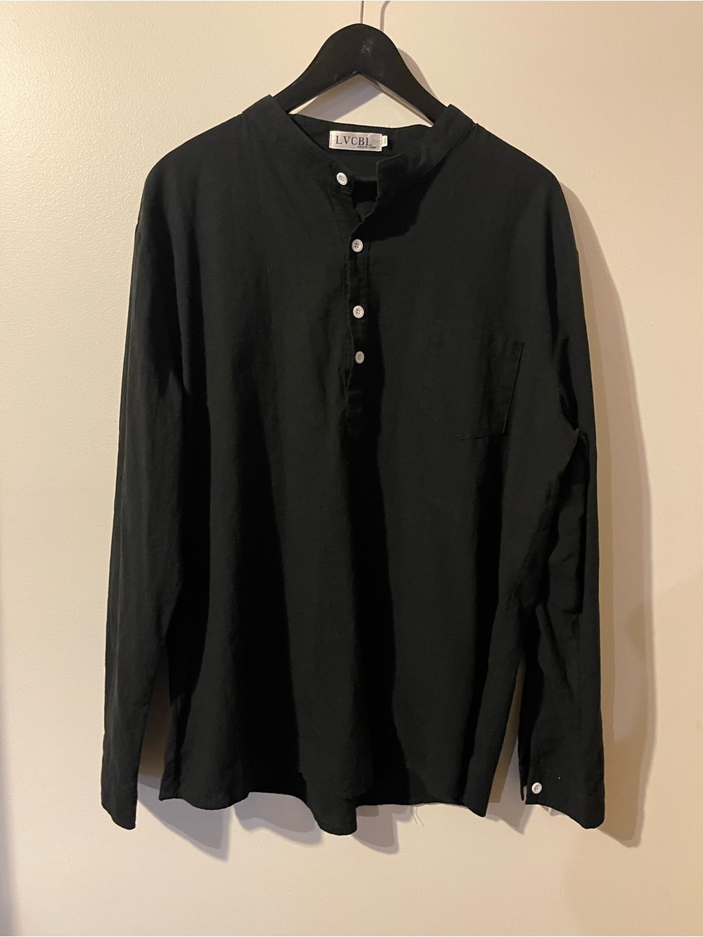 LVCBL Black Cotton Linen Grandad Collar Roll Tab Henley Shirt XXL